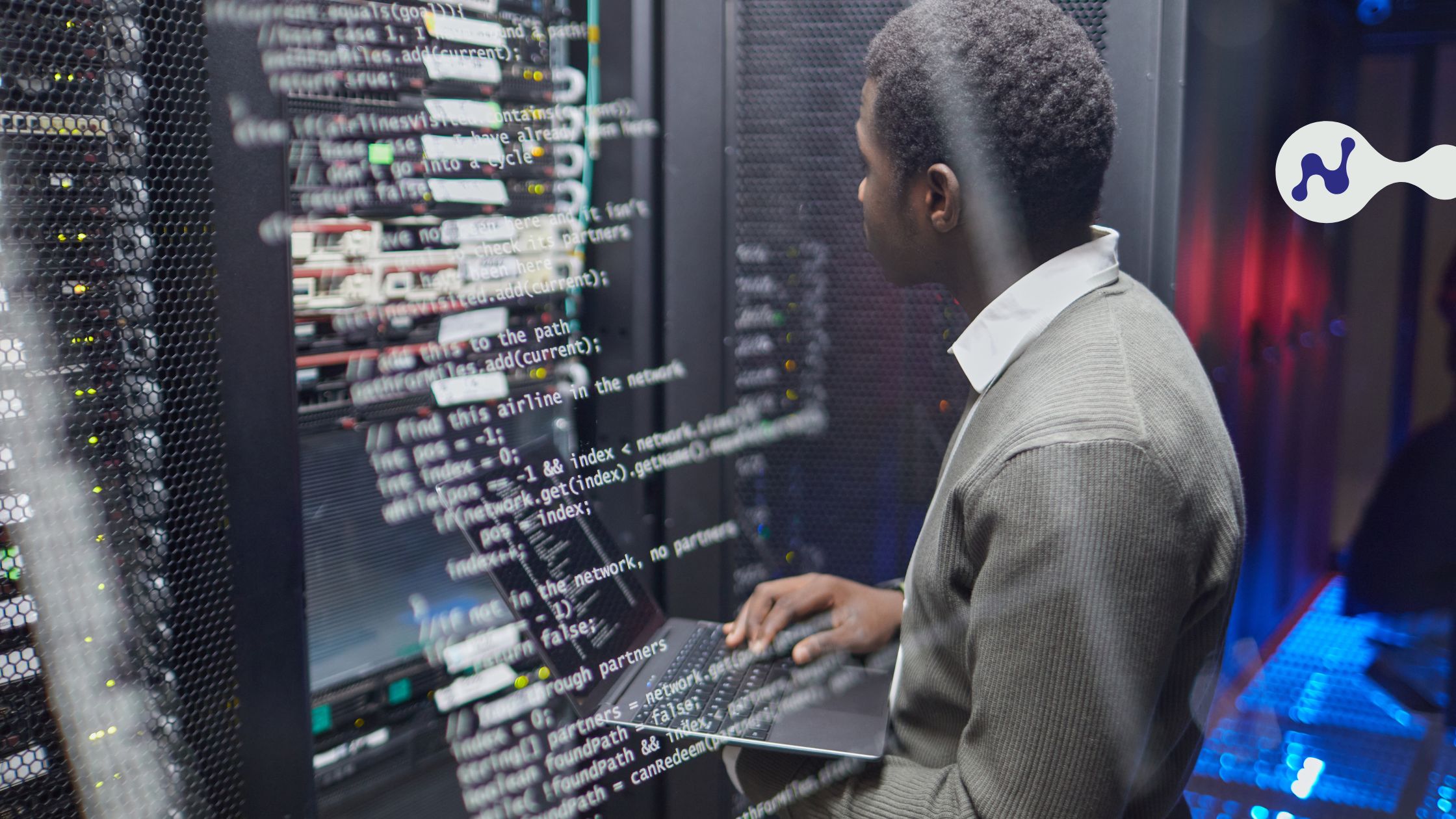 Homem em pé em um data center, segurando um notebook e analisando racks de servidores, com linhas de código sobrepostas na imagem, representando o papel estratégico da TI e a atuação em computação em nuvem. Logotipo da Nubllar no canto superior direito.