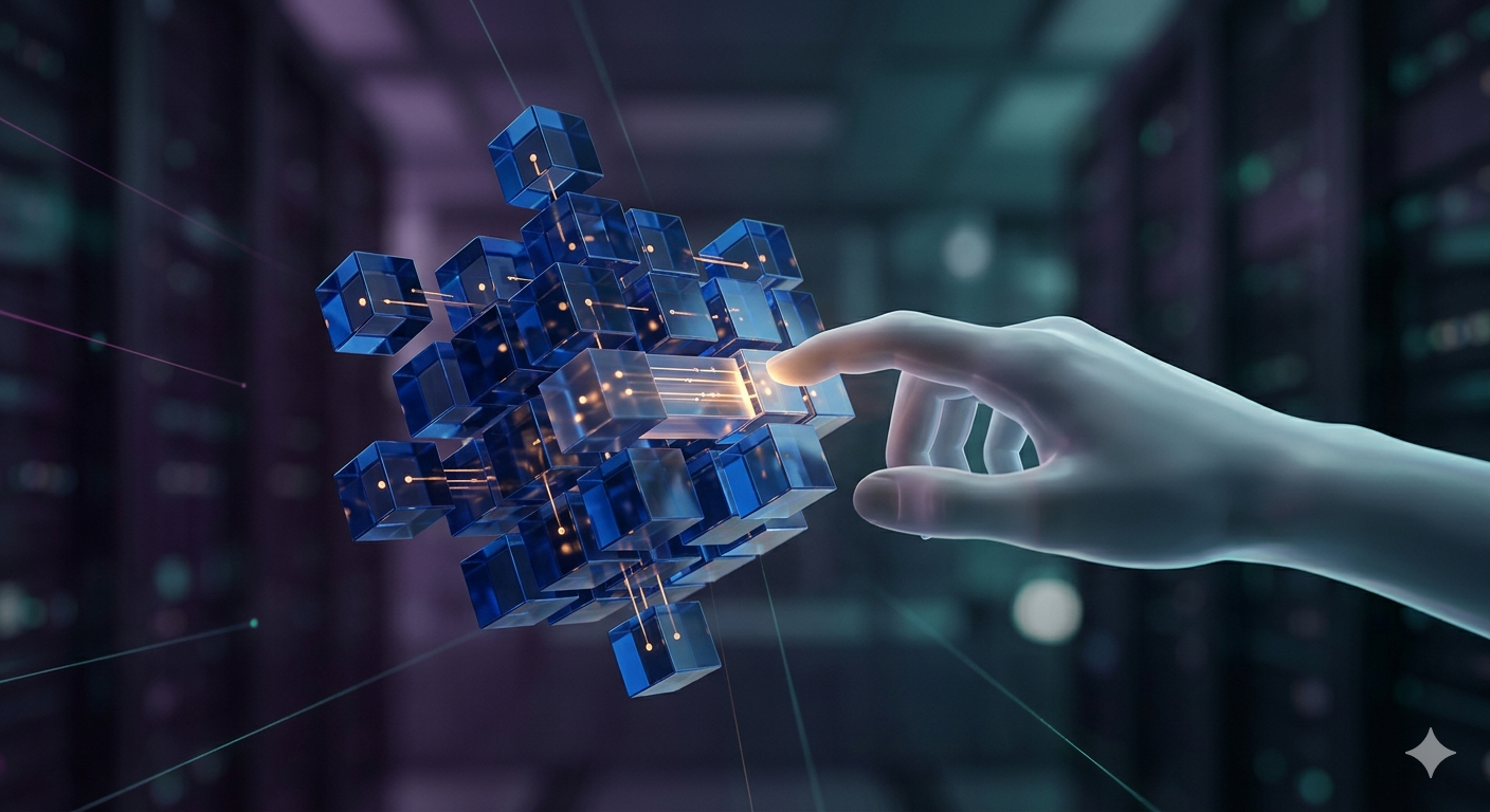 Imagem gerada por inteligência artificial. Representação conceitual da Inteligência Nubllar: uma mão humana minimalista organizando blocos geométricos de cristal azul e âmbar em um ambiente tecnológico, simbolizando a governança e o compliance na nuvem AWS.